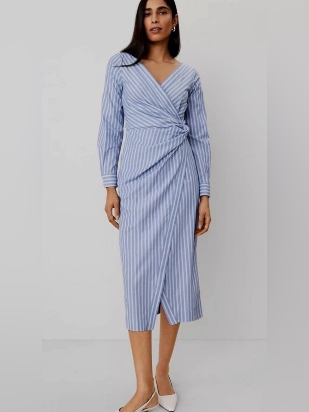 Ann Taylor Blue Striped Shirtdress Dress Size 10P Petite Asymmetrical